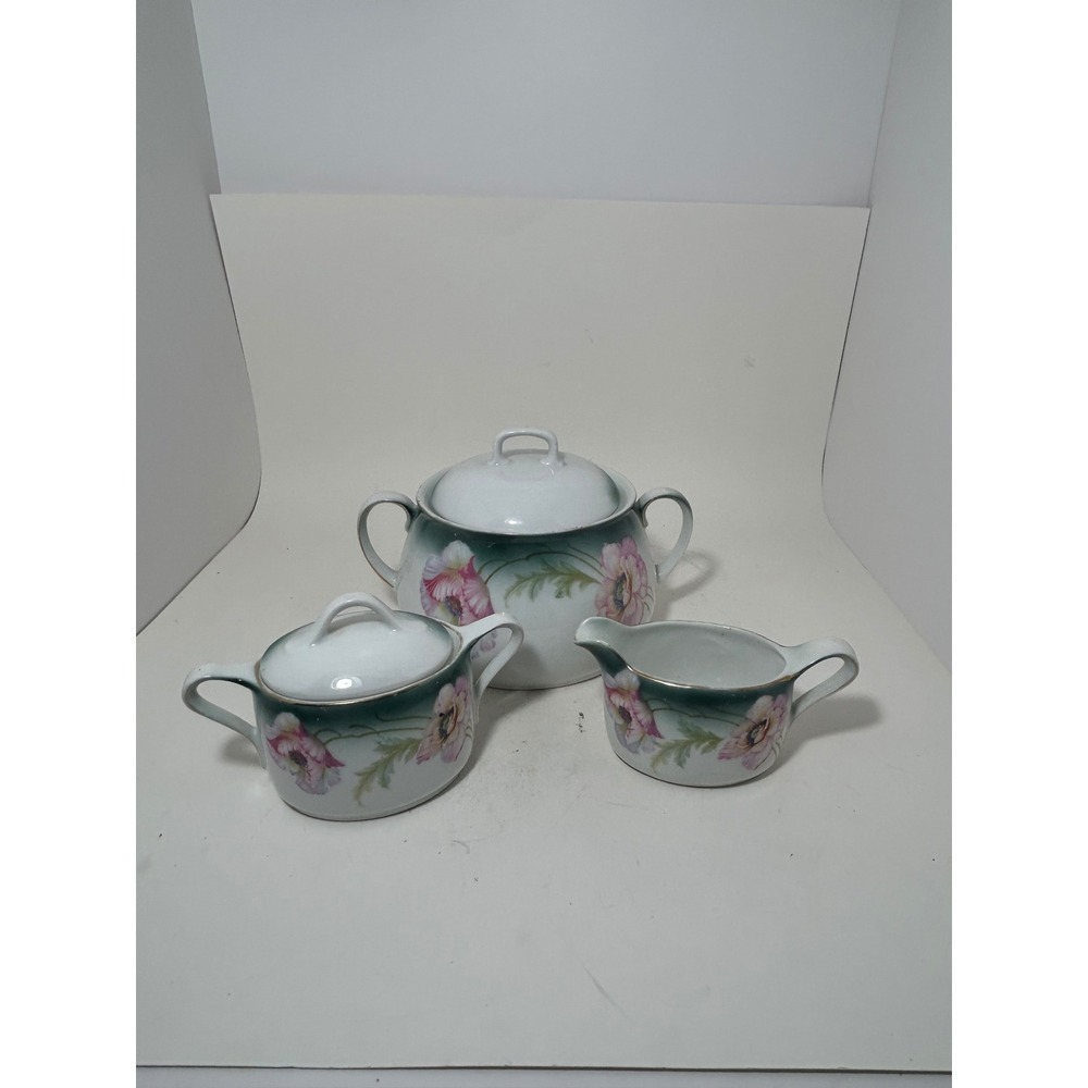 PH Leonard Vienna Austria Hand Painted Porcelain Poppy Tea Set Creamer Sugar
